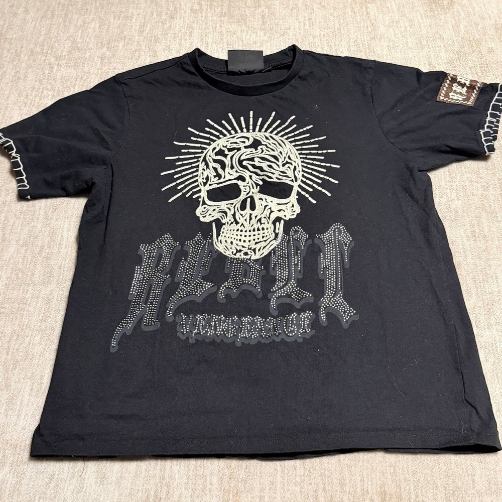 Rebel‎ Vengeance Shirt Men M Black Skull Studded Tee Y2K Punk Rock Embroidered